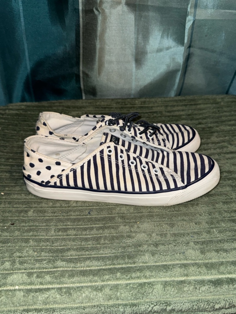 Sperry Navy and White Striped & Polka Dot Slip-On Sneakers- Missing Lace